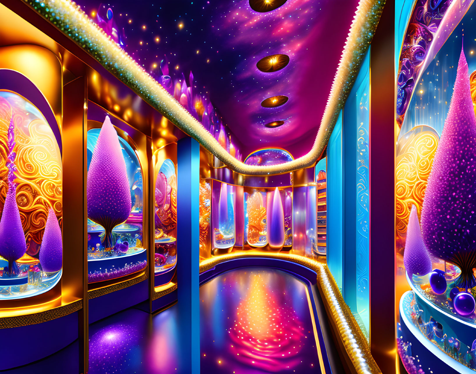 Colorful surreal indoor space with egg-shaped structures and glowing orbs