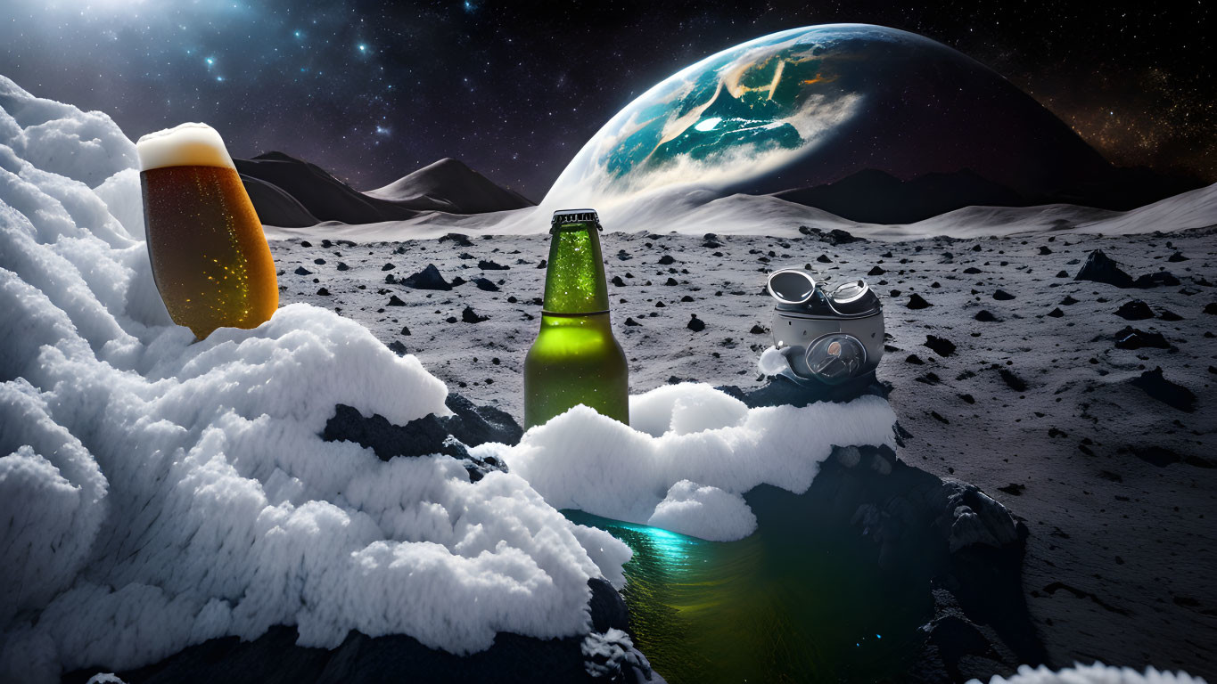 Surreal lunar scene: beer bottle, glass, snowy surface, Earth rising.