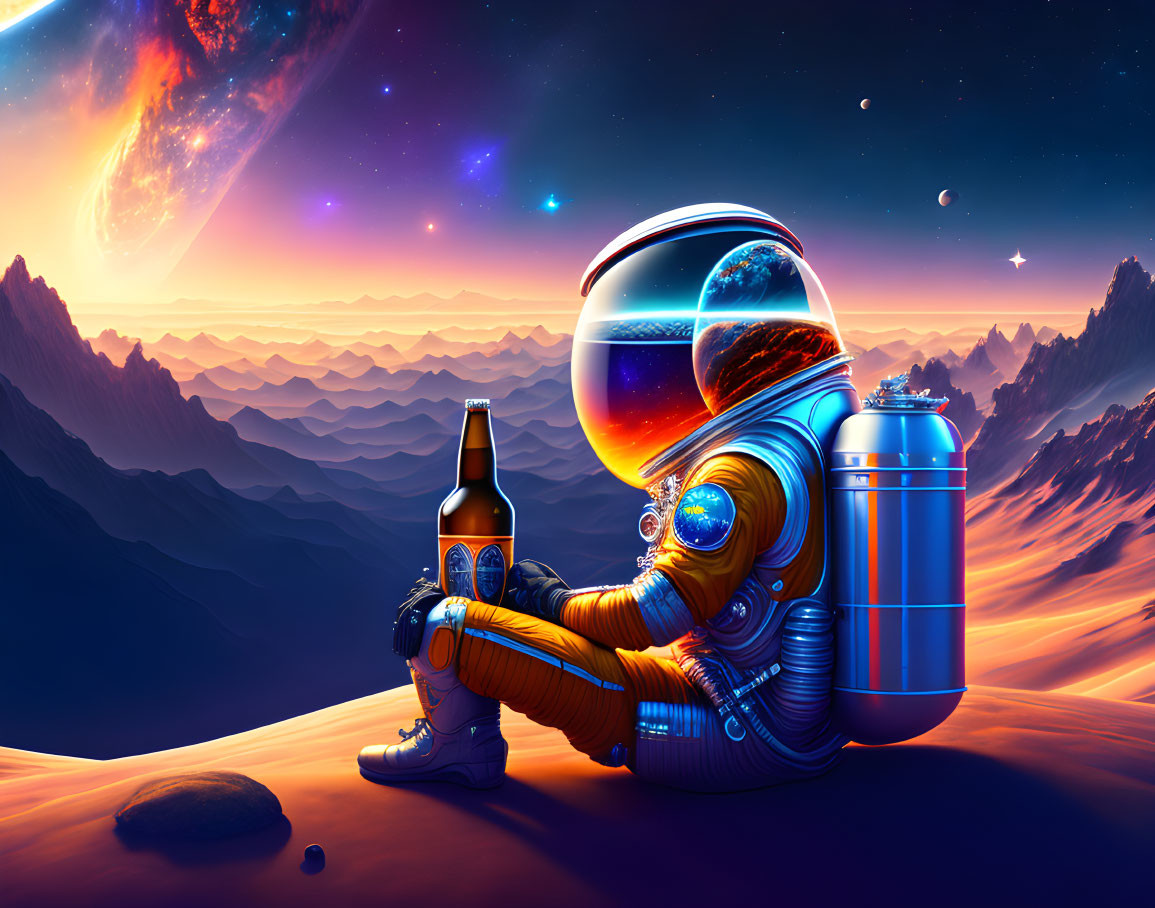 Astronaut on alien planet with oxygen tank and star-filled sky view