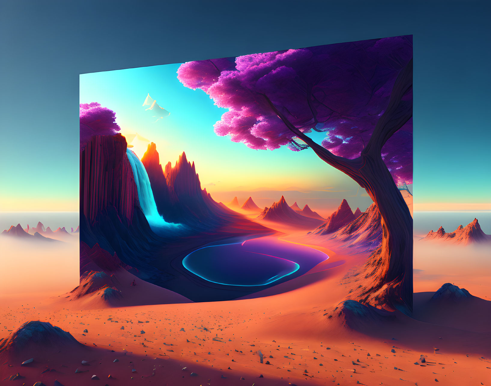 Surreal landscape with neon river, purple foliage, and scenic monitor under dusky sky