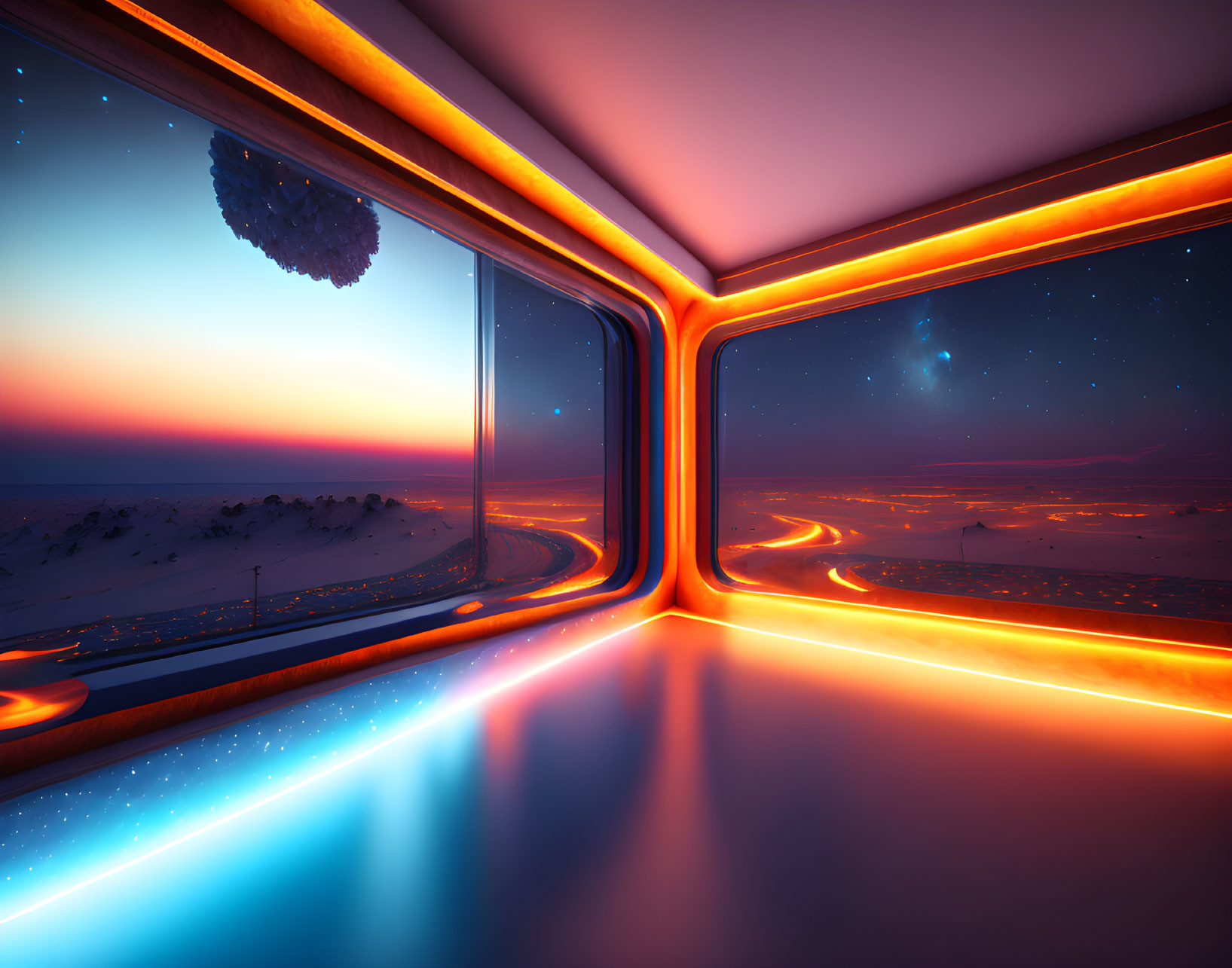 Futuristic room with glowing orange edges and snowy landscape view at dusk