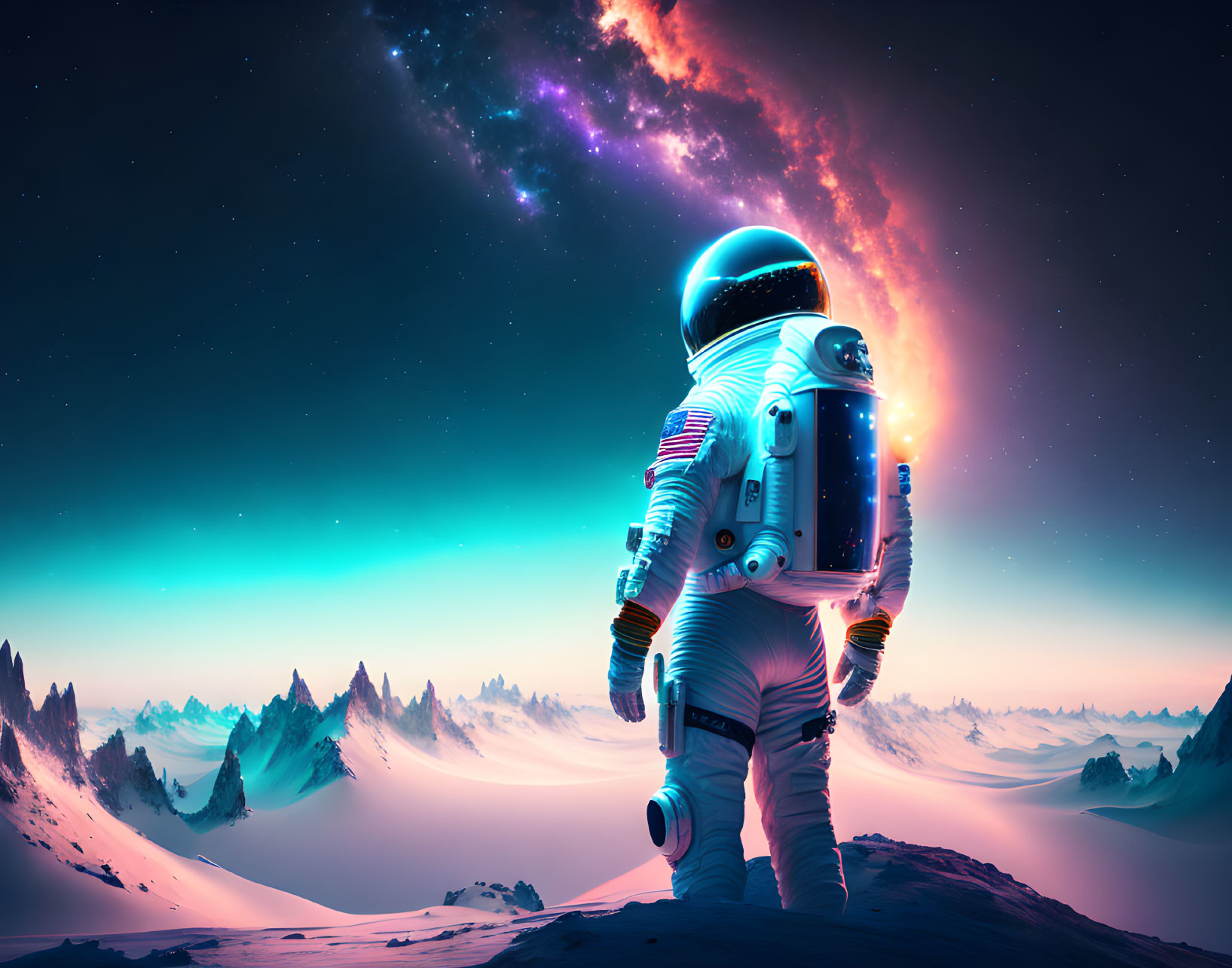 Astronaut on snowy alien landscape under vibrant galaxy