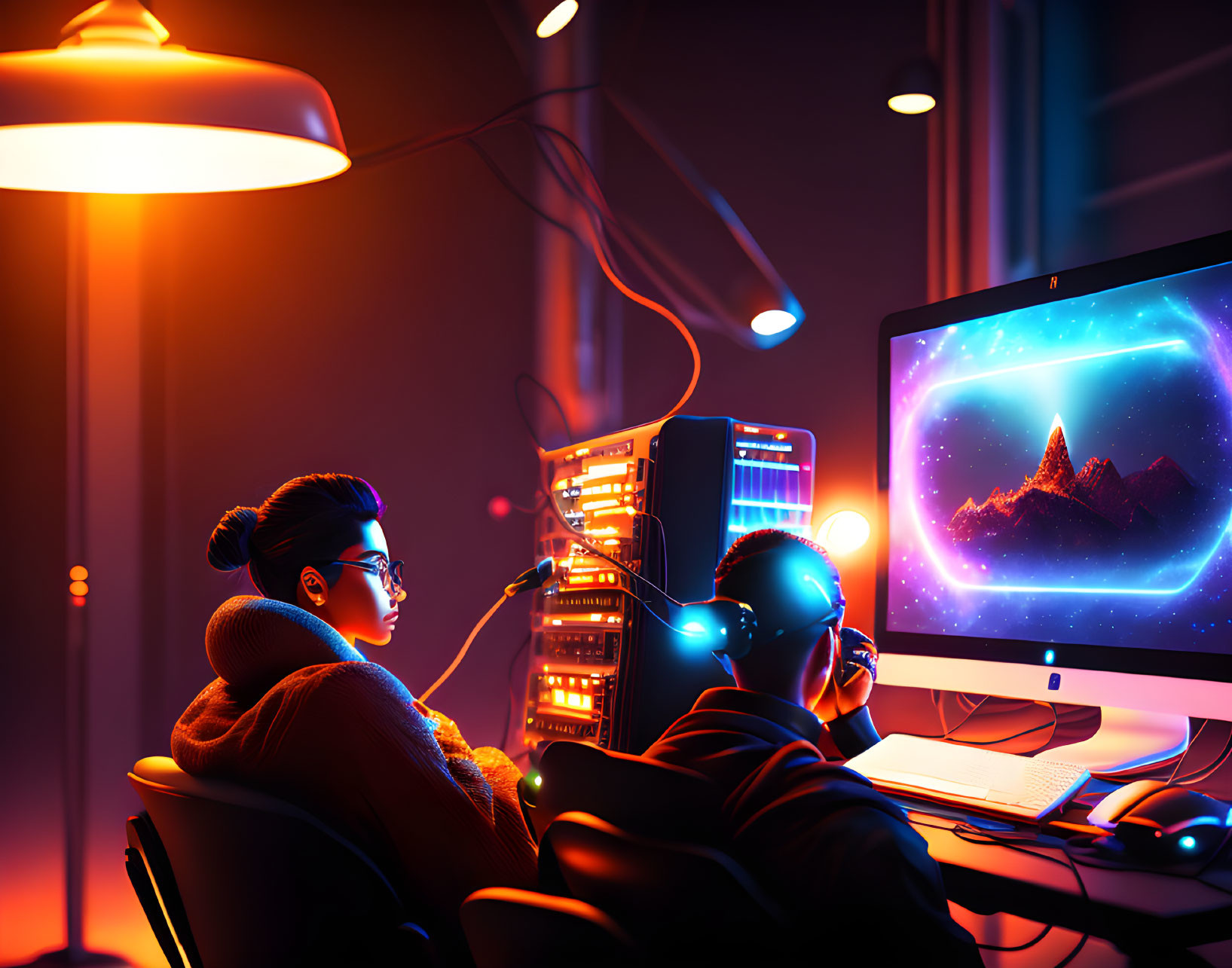 Two individuals in a dark room with cosmic wallpaper, neon lights, and tech gear.