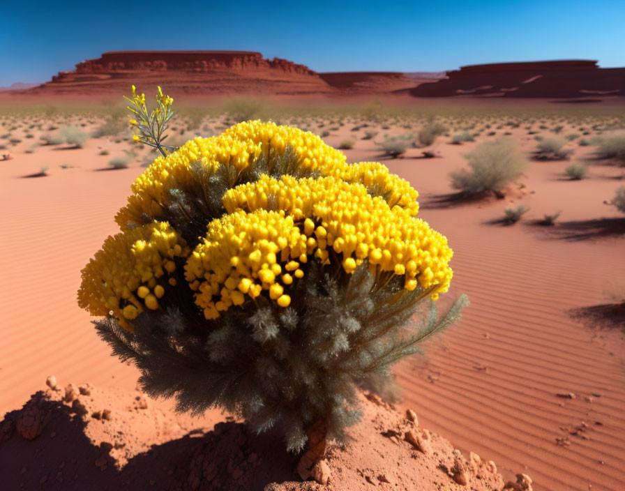 Desert shrub with vibrant yellow flowers in red sand landscape