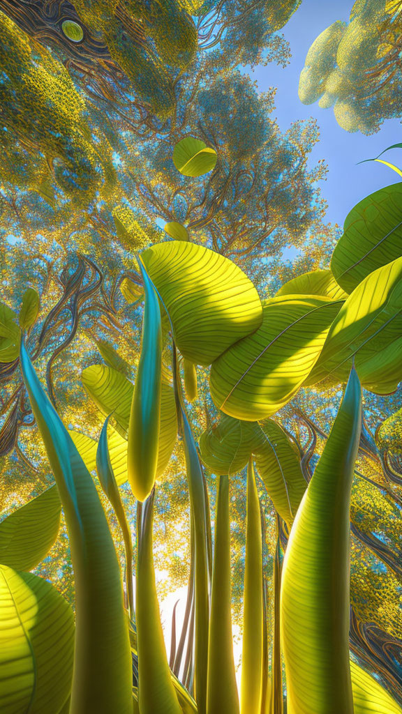 Lush forest floor view: towering trees, oversized green leaves, blue sky.