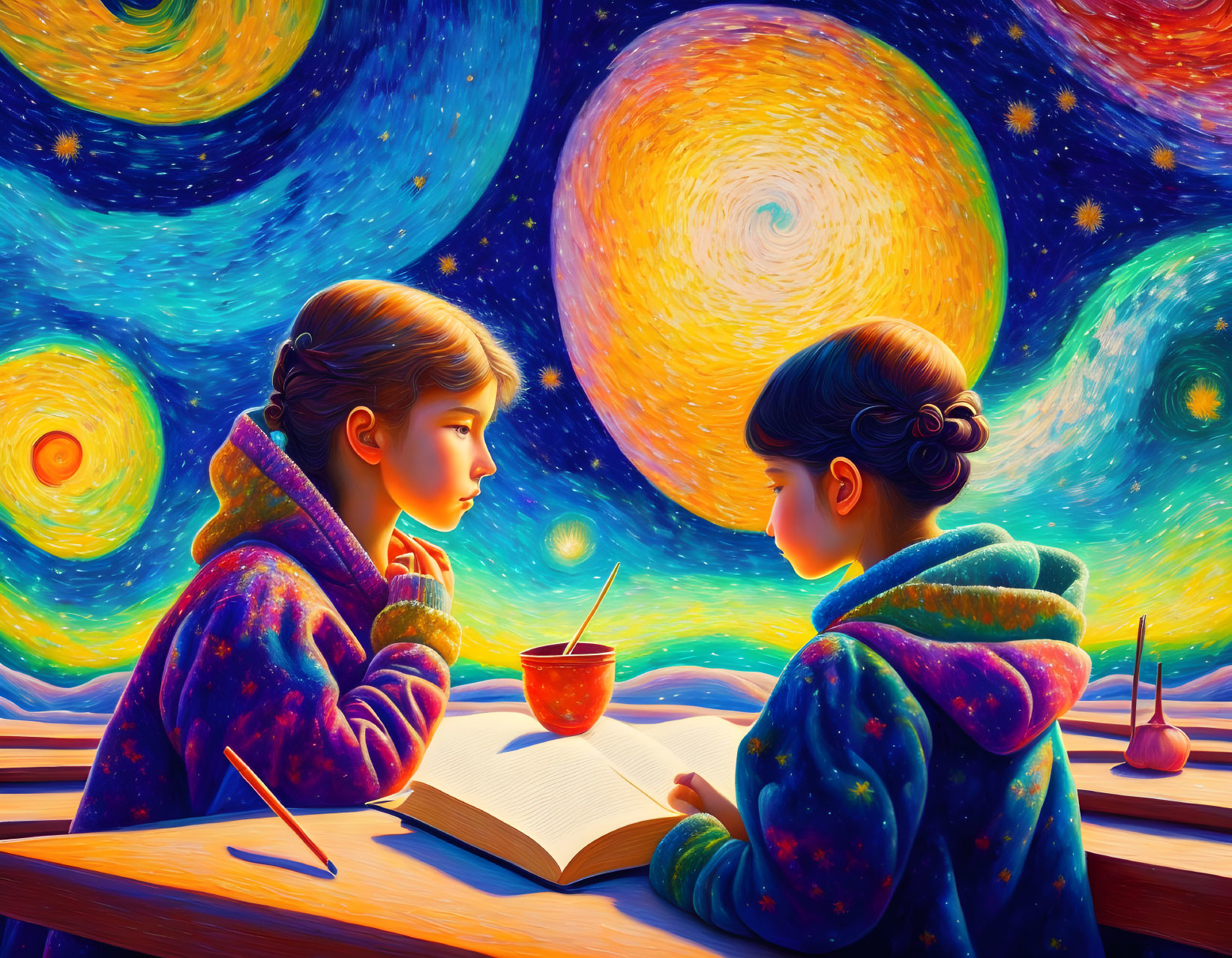 Children studying book under vibrant starry sky reminiscent of "Starry Night