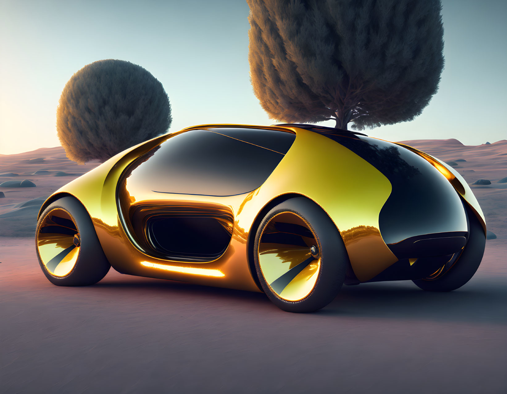 Golden Futuristic Car Parked Under Trees in Desert Dusk