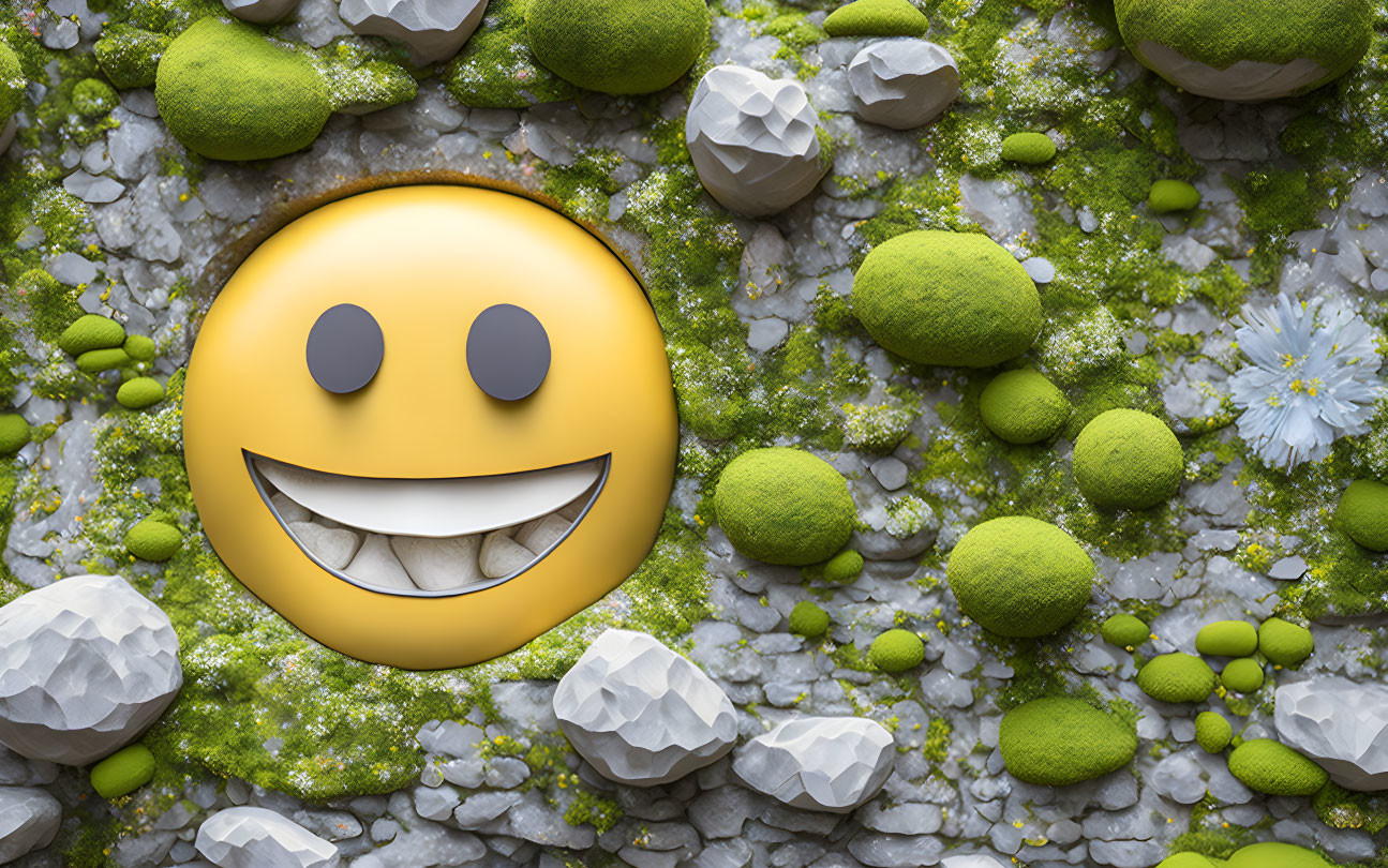 Emoji surrounded by moss balls, geometric shapes, and flowers on grey background