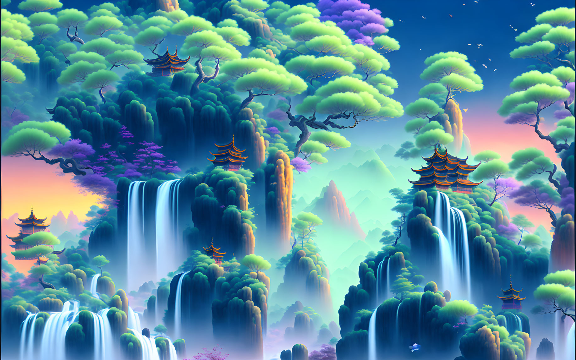 Fantastical landscape with waterfalls, greenery, pagodas, and mountains at twilight