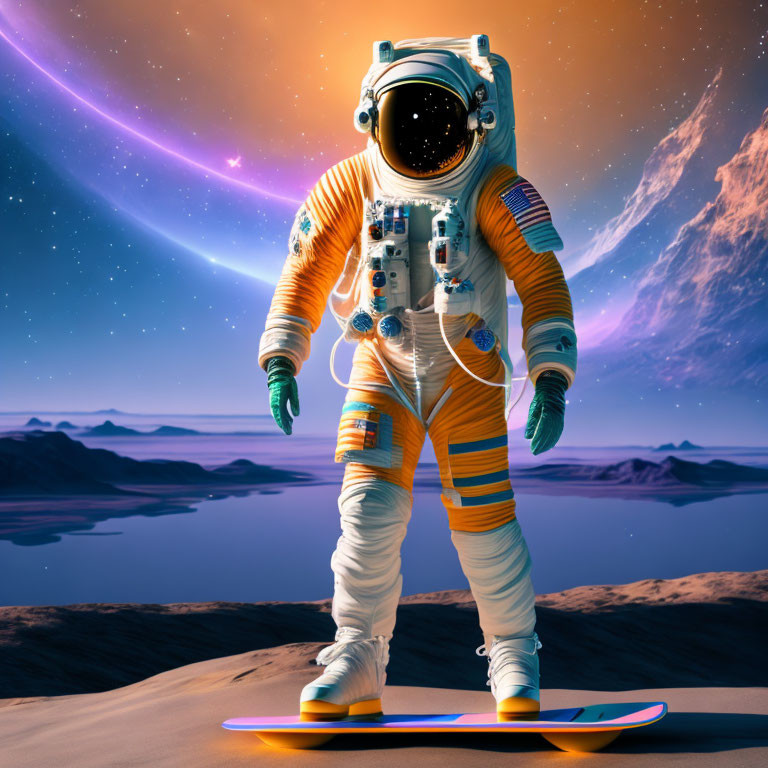 Astronaut in orange and white spacesuit on surfboard in alien planet landscape