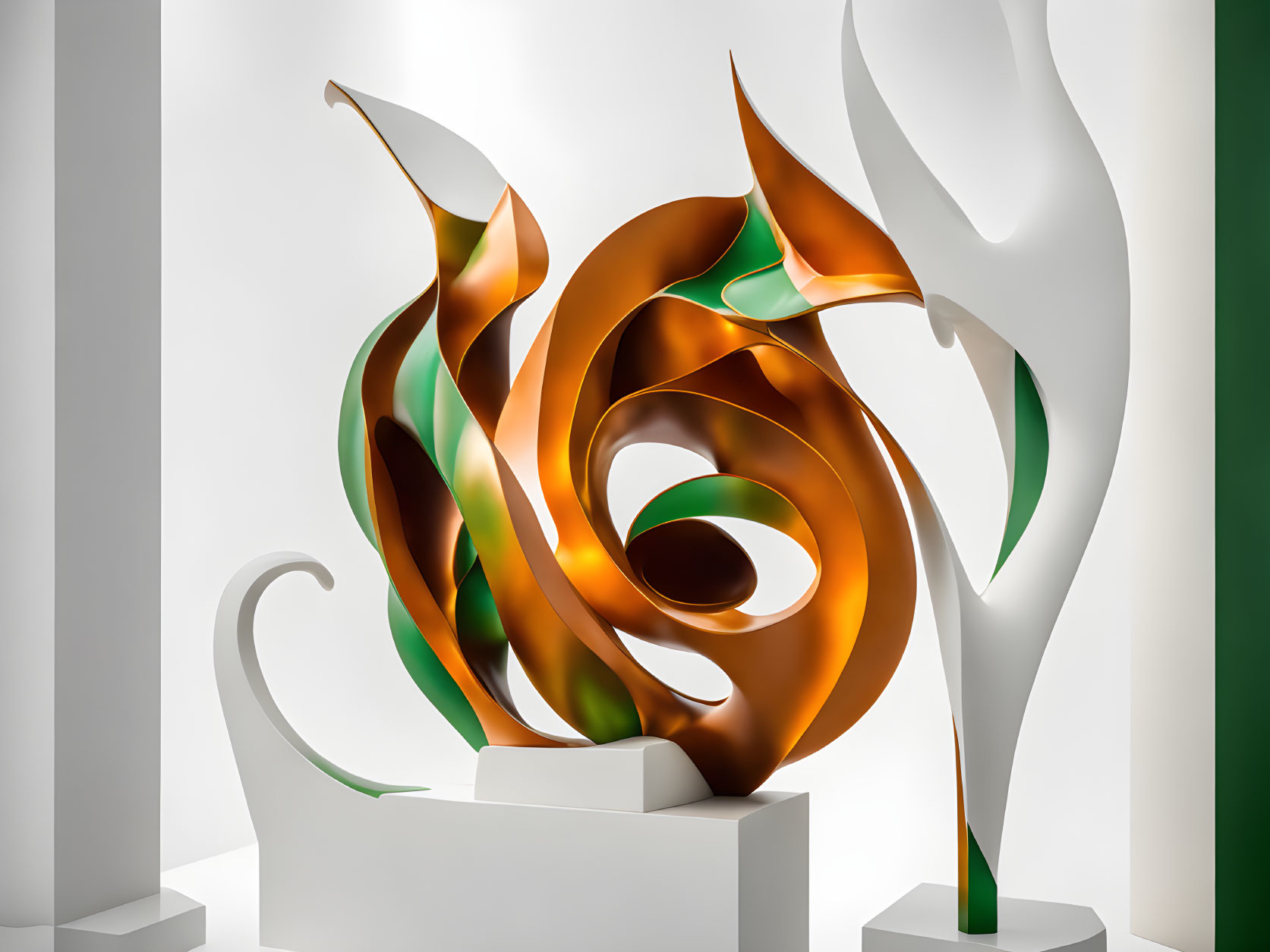 Abstract Orange and Green Swirling Sculpture in White Gallery