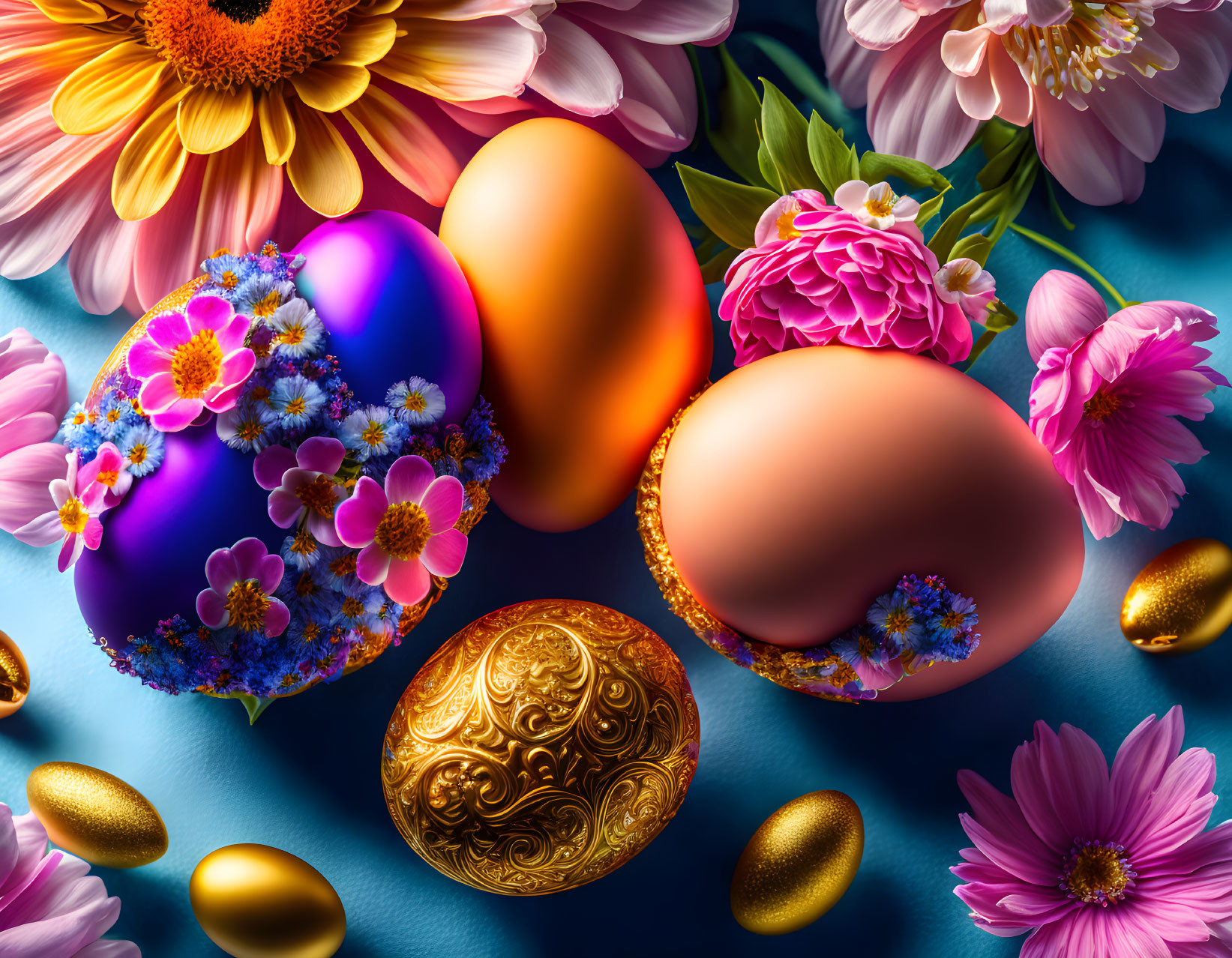 Colorful Easter Eggs with Floral and Intricate Patterns on Blue Background