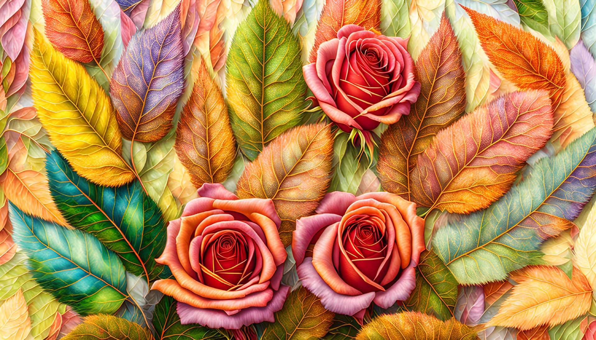 Multicolored Leaves and Blooming Roses in Pink and Orange Display Rich Natural Beauty