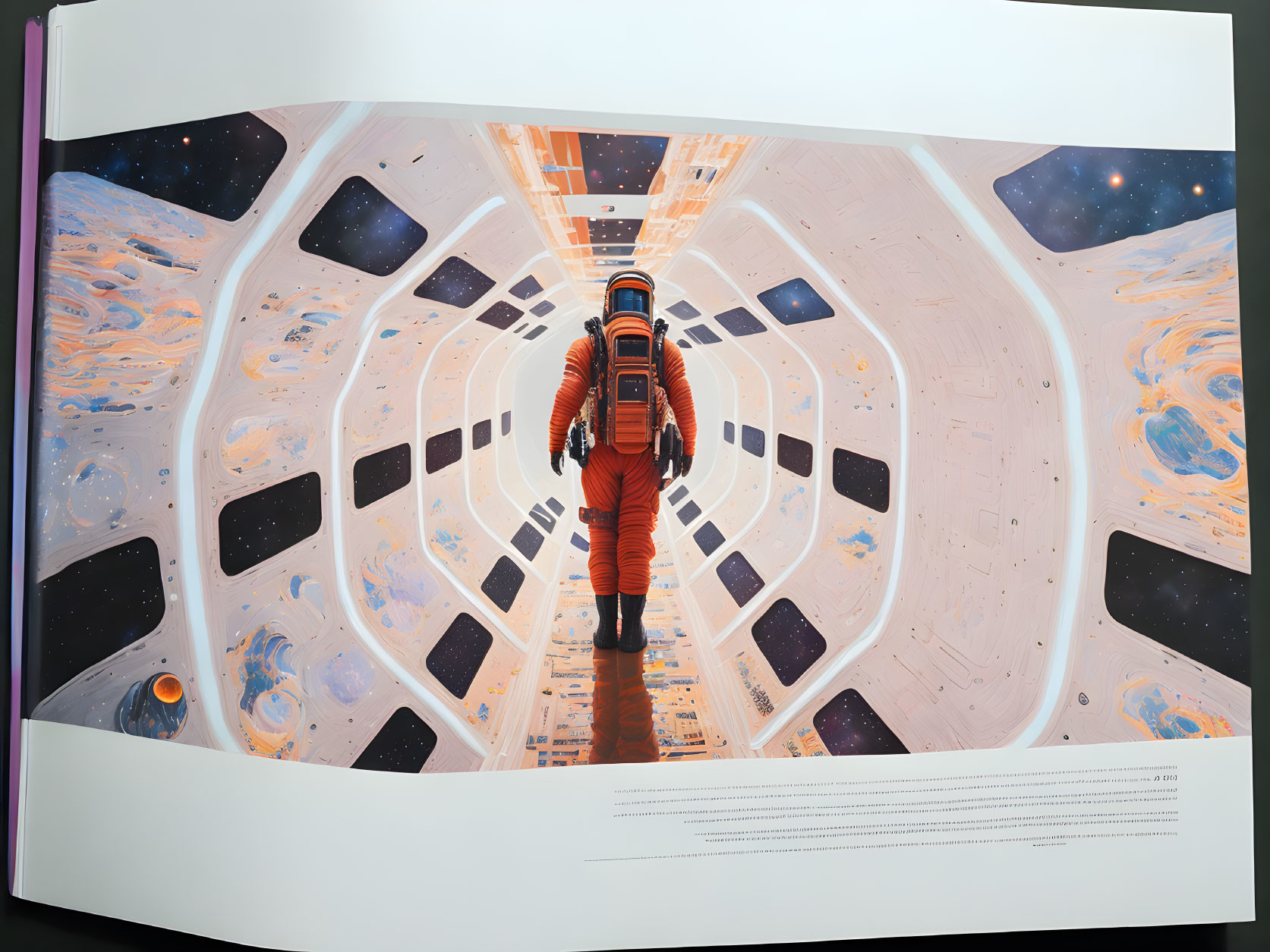 Astronaut in orange suit in futuristic spacecraft corridor with space view.