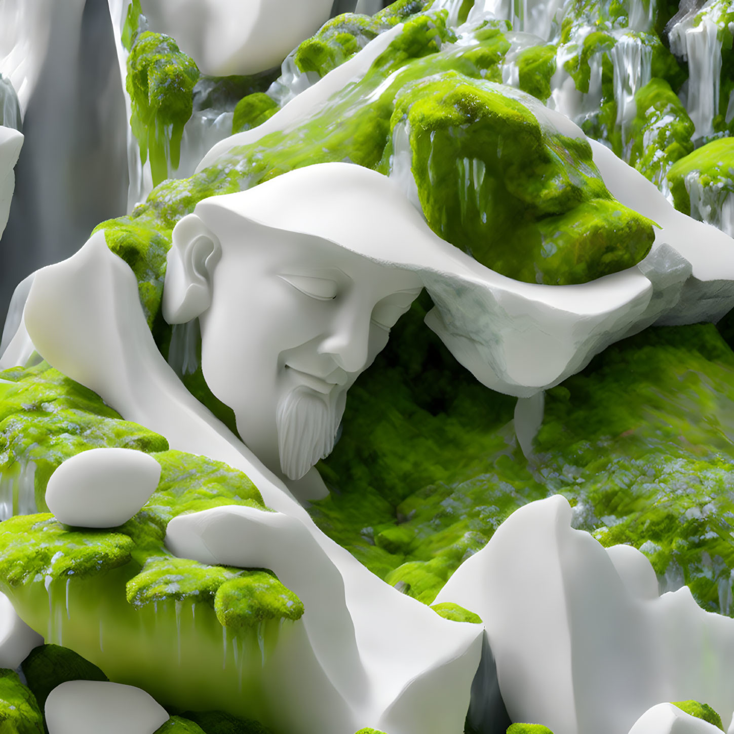 3D rendering: Man's face merges with mossy waterfall landscape