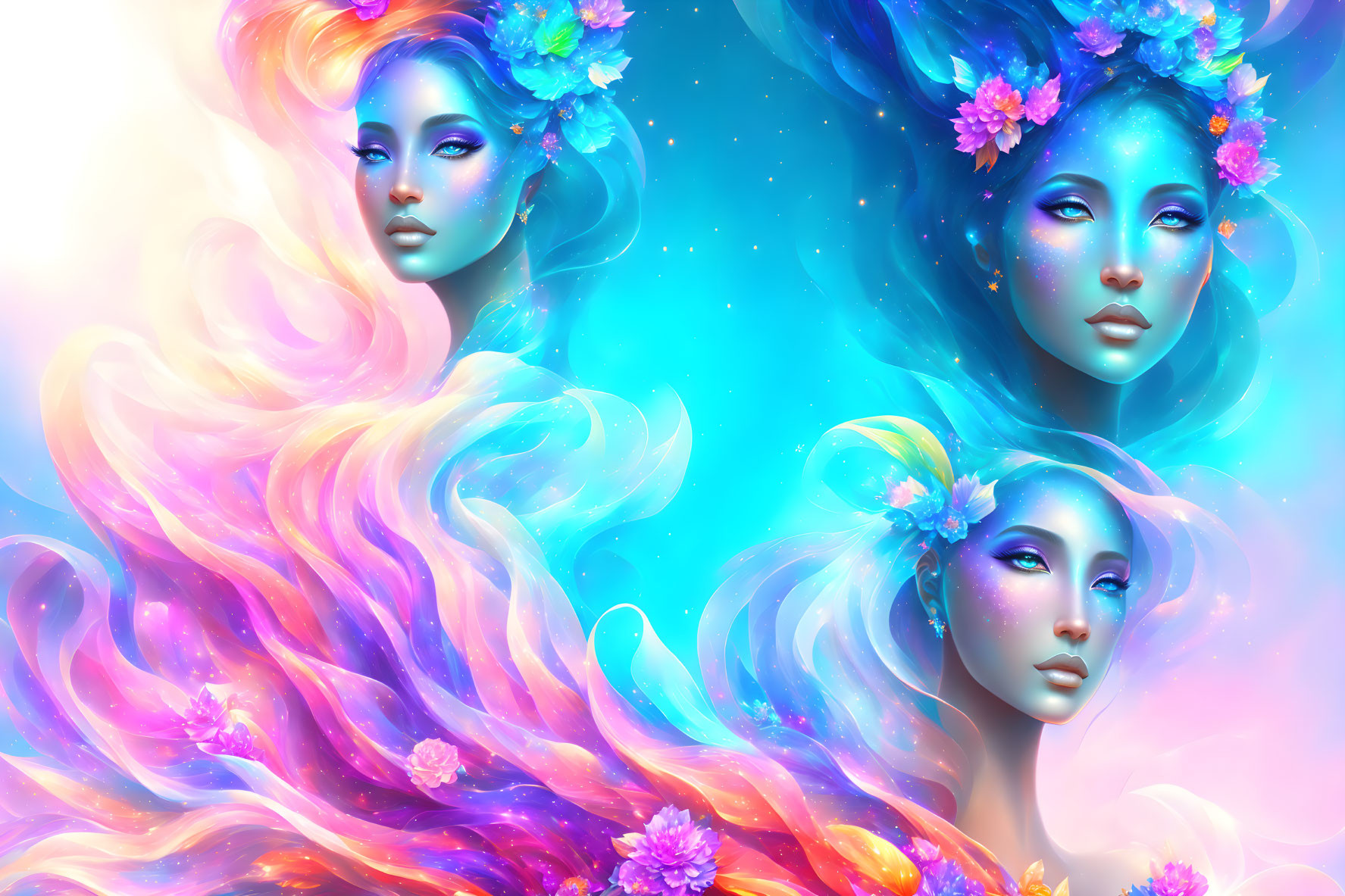 Ethereal women with flowing hair and flowers on luminous backdrop