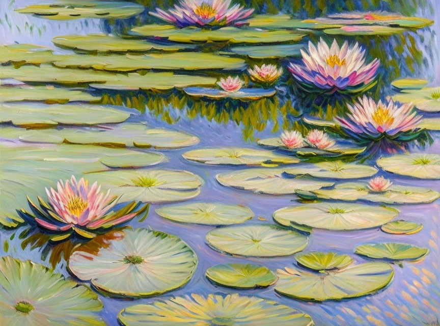 Colorful Water Lilies Painting in Pink and White