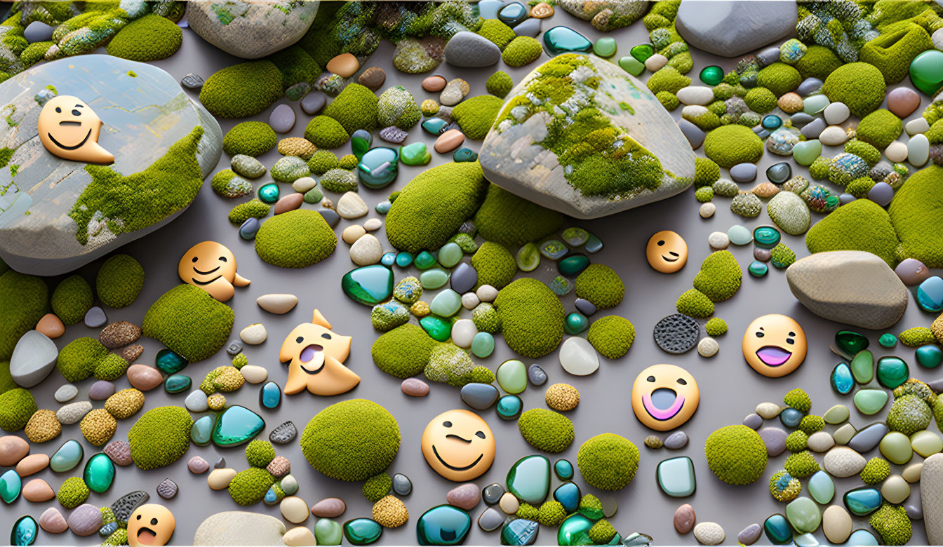 Colorful emoji-faced stones among moss and nature elements: a playful display