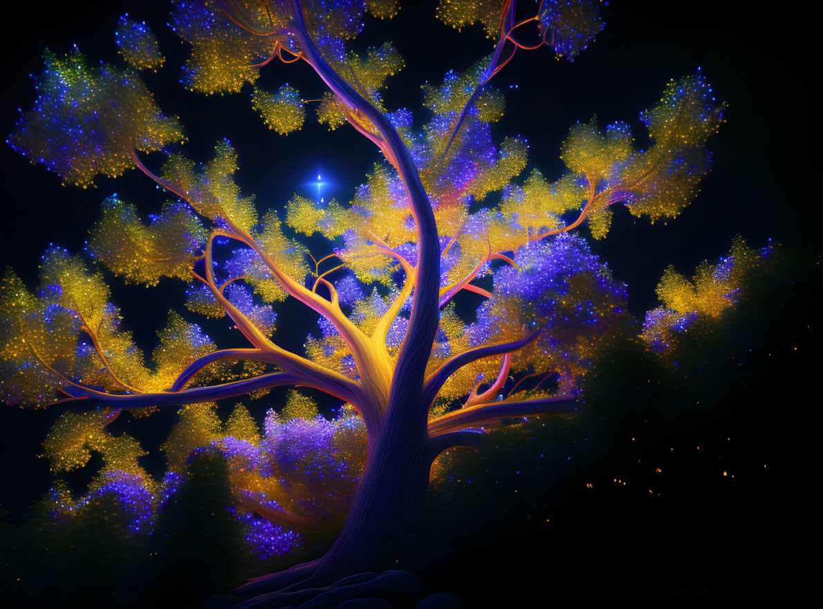 Mystical glowing tree digital artwork with blue and yellow lights