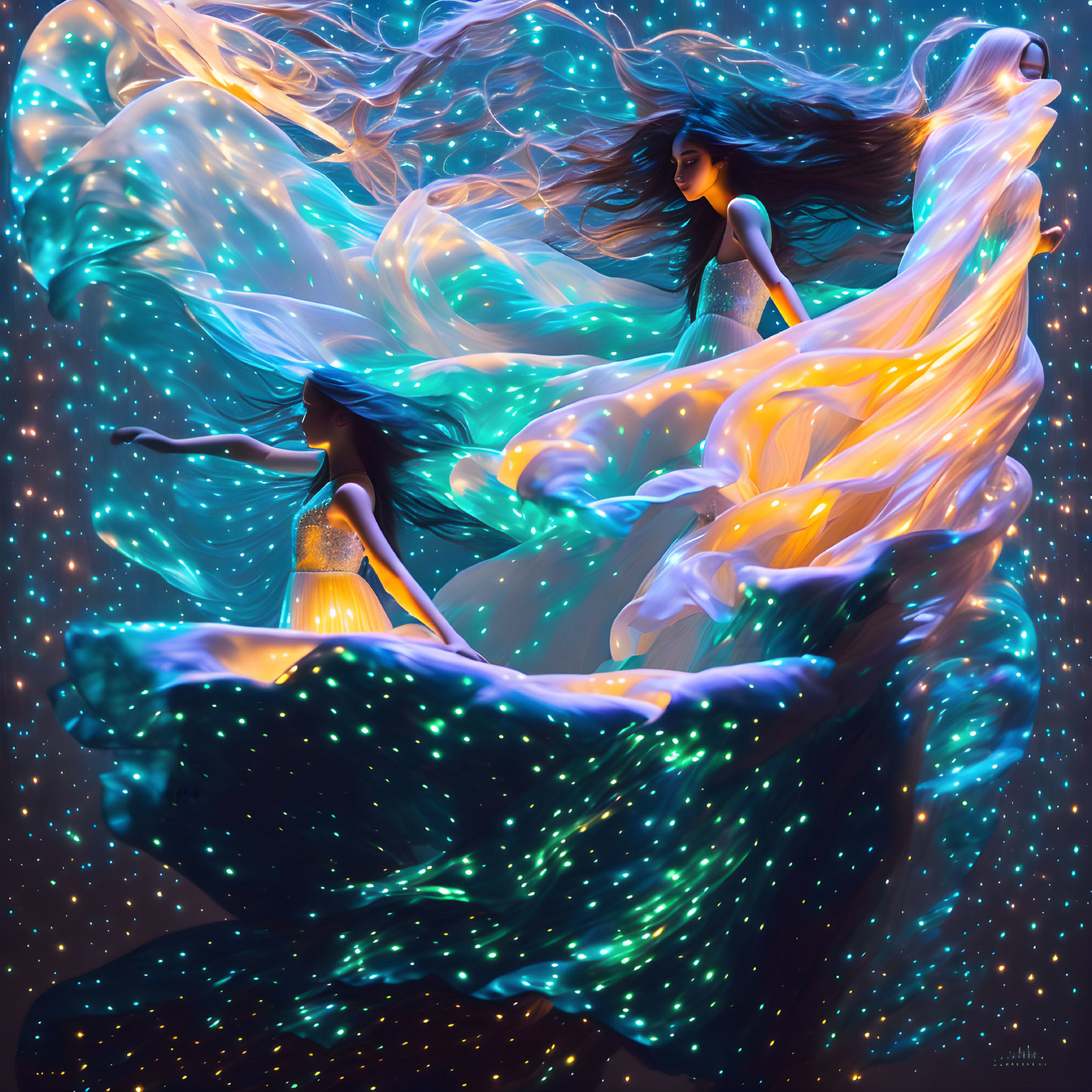 Ethereal women in flowing dresses amidst luminous starry backdrop