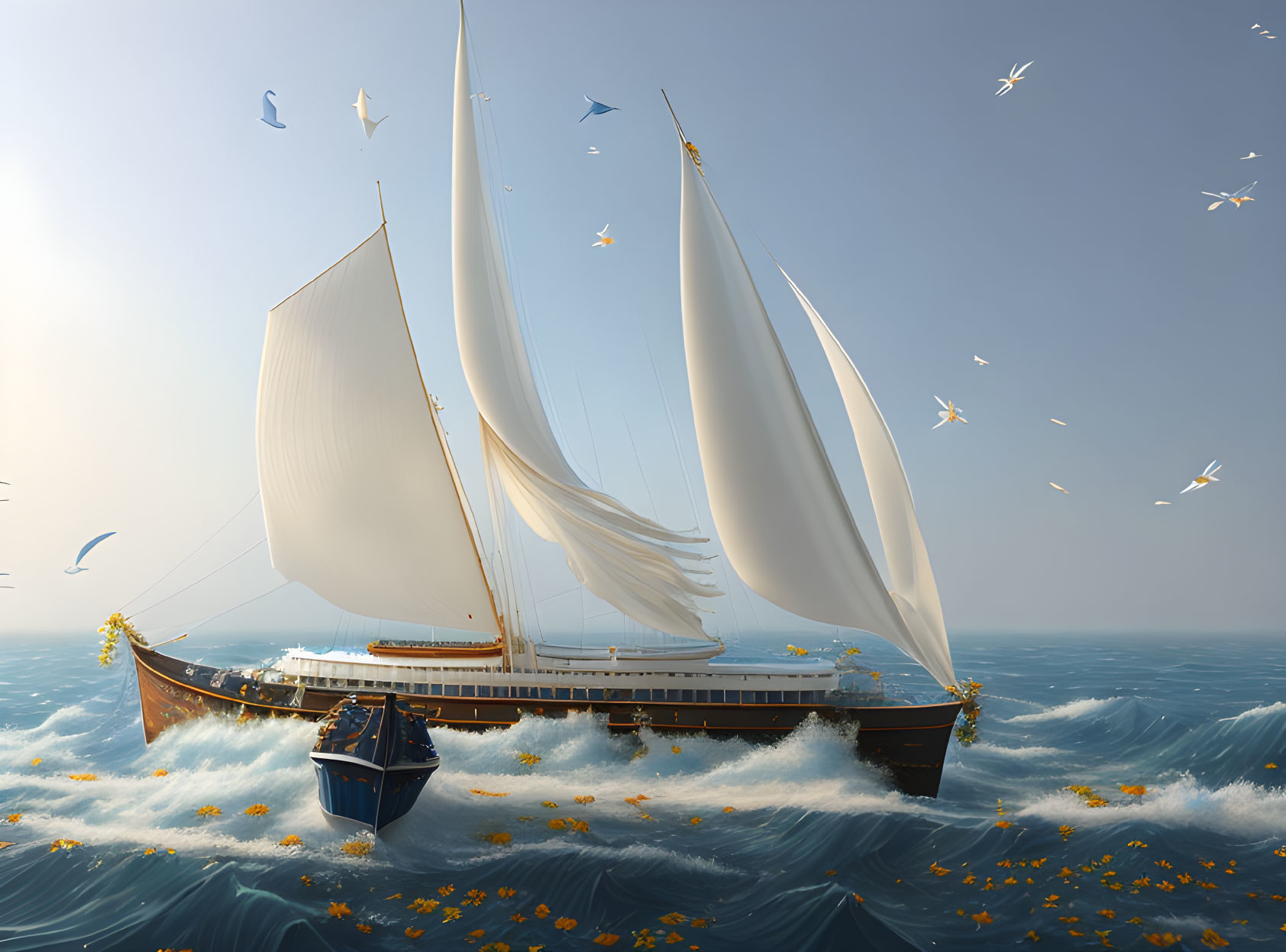 Sailboat sailing on ocean with billowing sails, yellow flowers, and seagulls