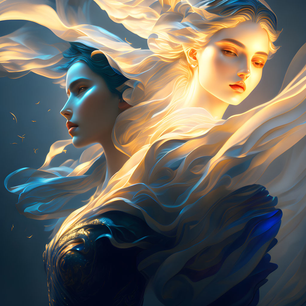 Digital artwork featuring two ethereal women in mystical lighting