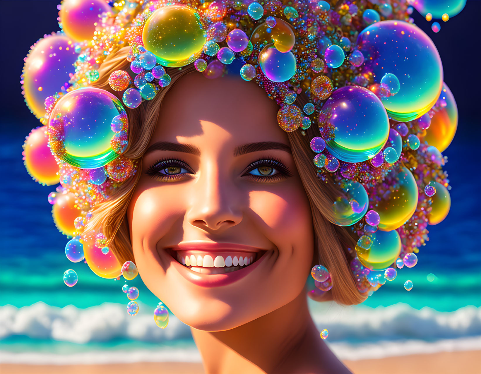 Colorful Portrait of Smiling Woman with Bubble Hairstyle on Beach