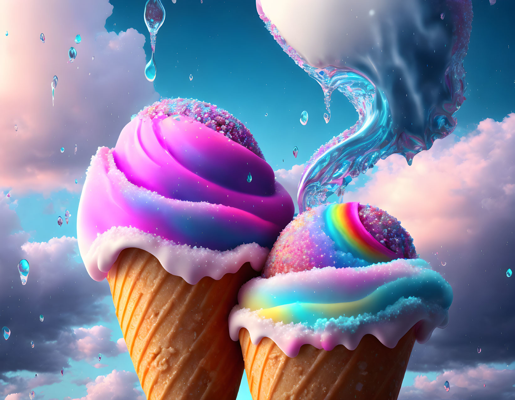 Colorful cupcakes with swirling icing and sprinkles on cloudy sky background