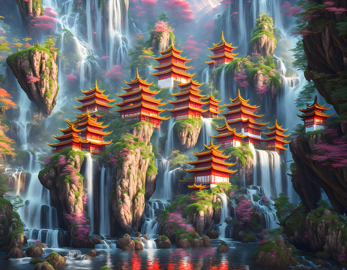 Traditional Asian pagodas in lush landscape with waterfalls and pink flora