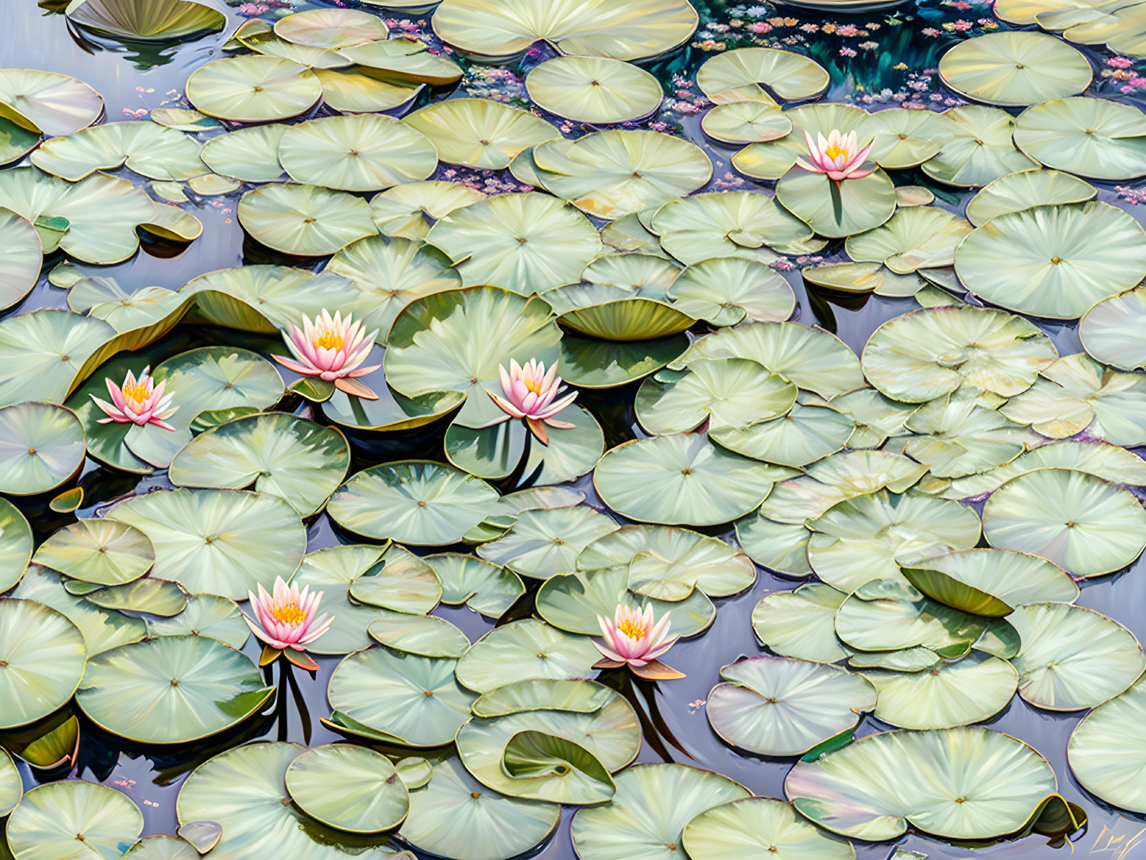 Tranquil pond with green lily pads and blooming water lilies