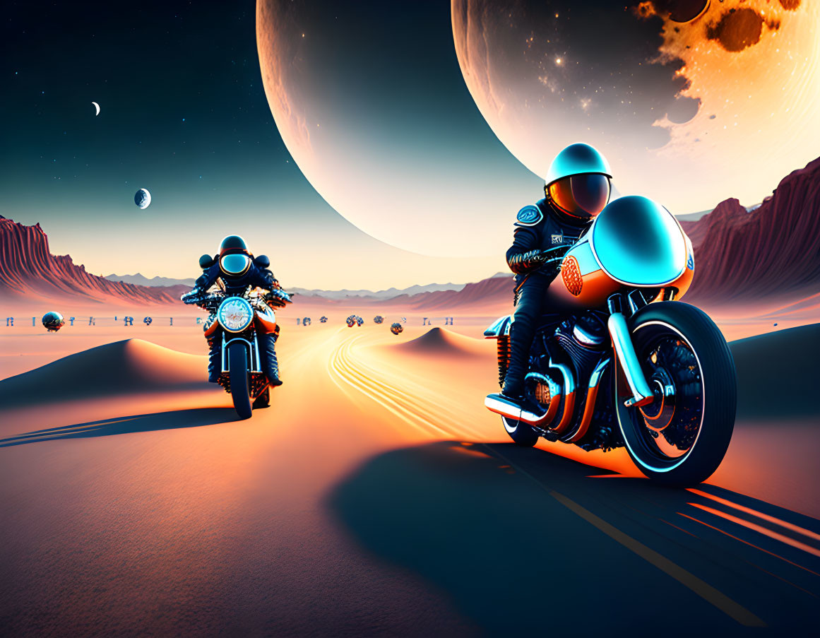 Futuristic desert road with two motorcyclists under moon and planets