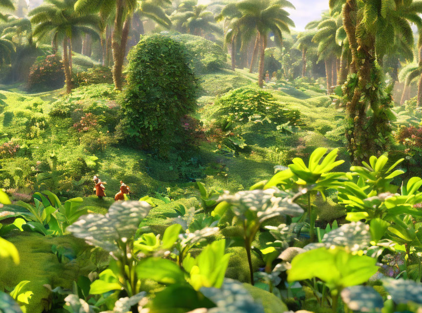 Lush Green Forest with Dense Foliage and Two Small Figures