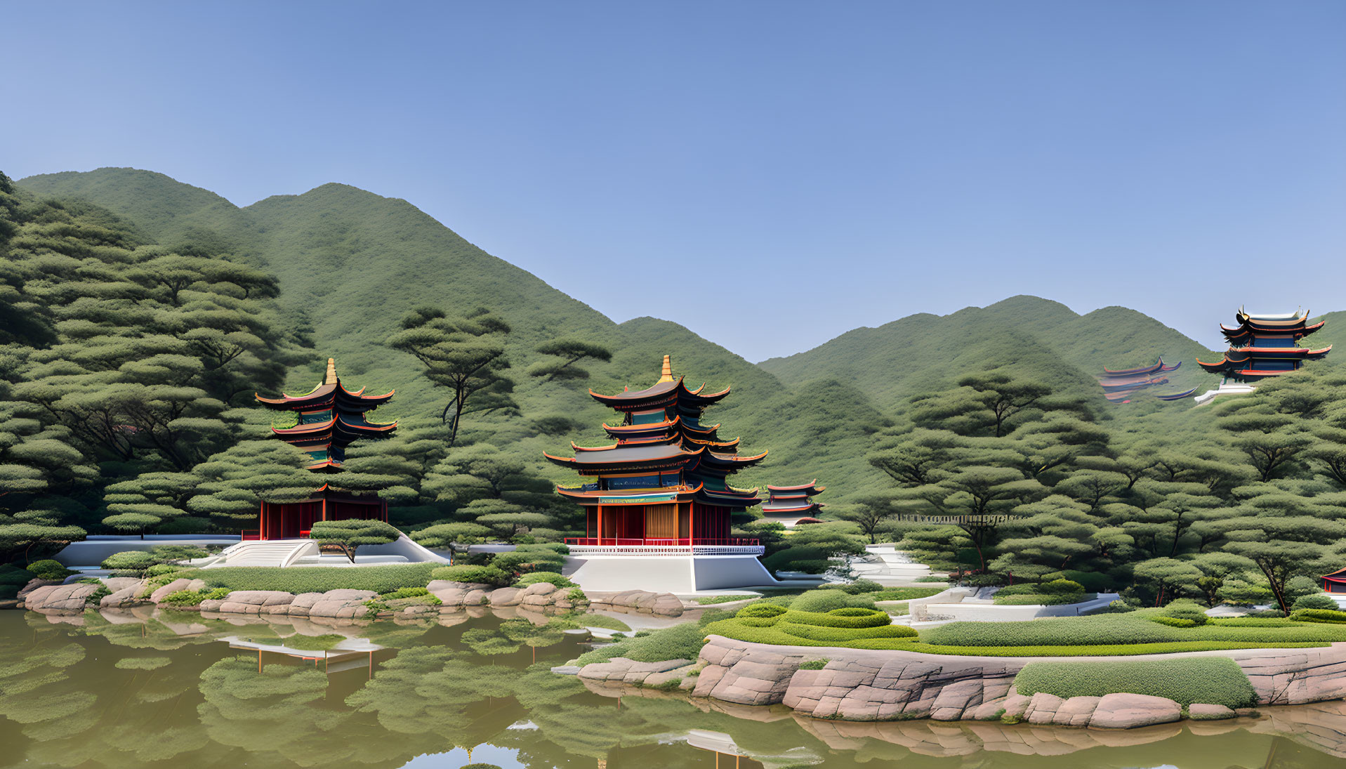 East Asian-style Pagodas Surrounded by Pond and Mountains