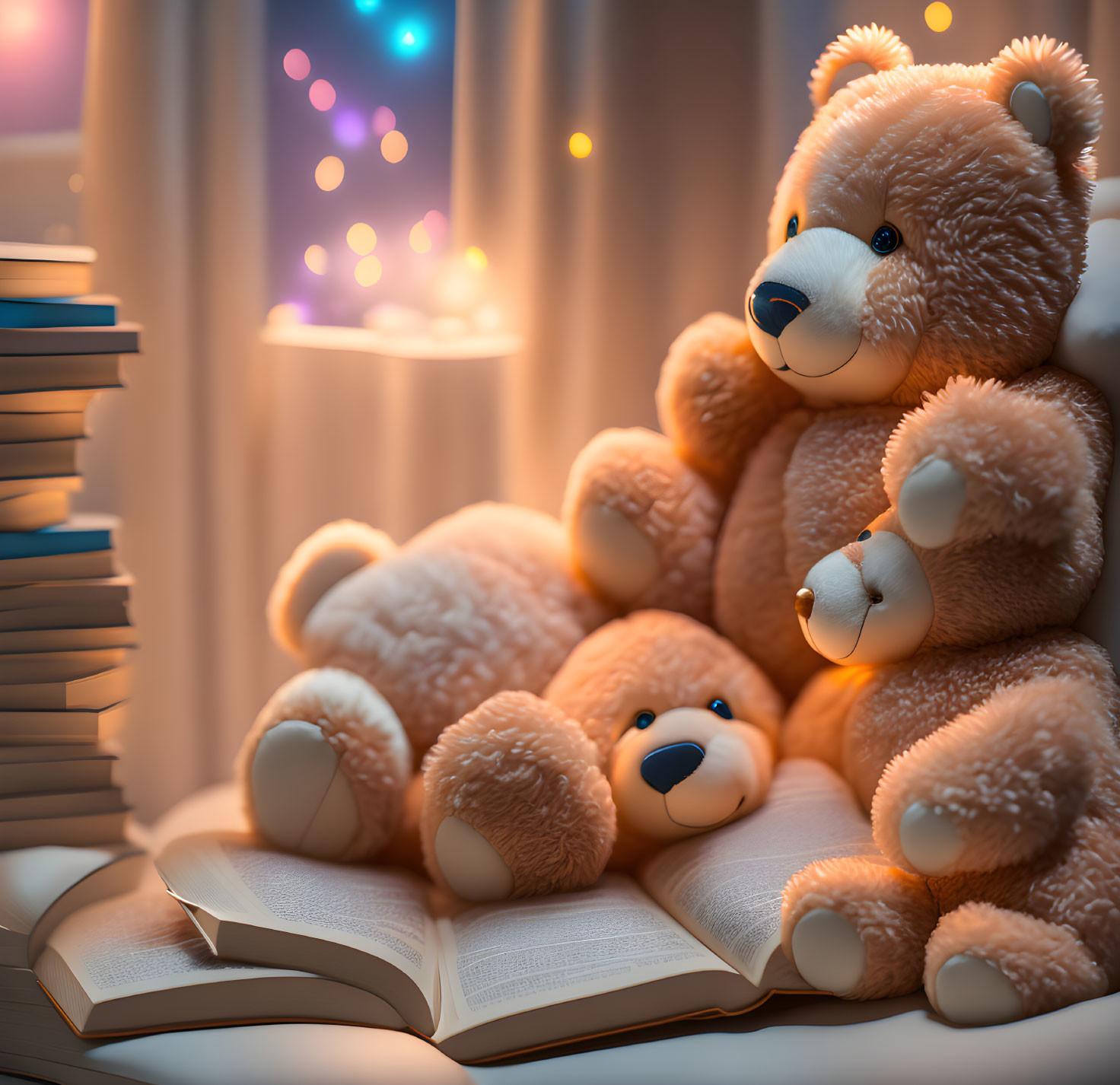 Plush teddy bears around open book under warm light