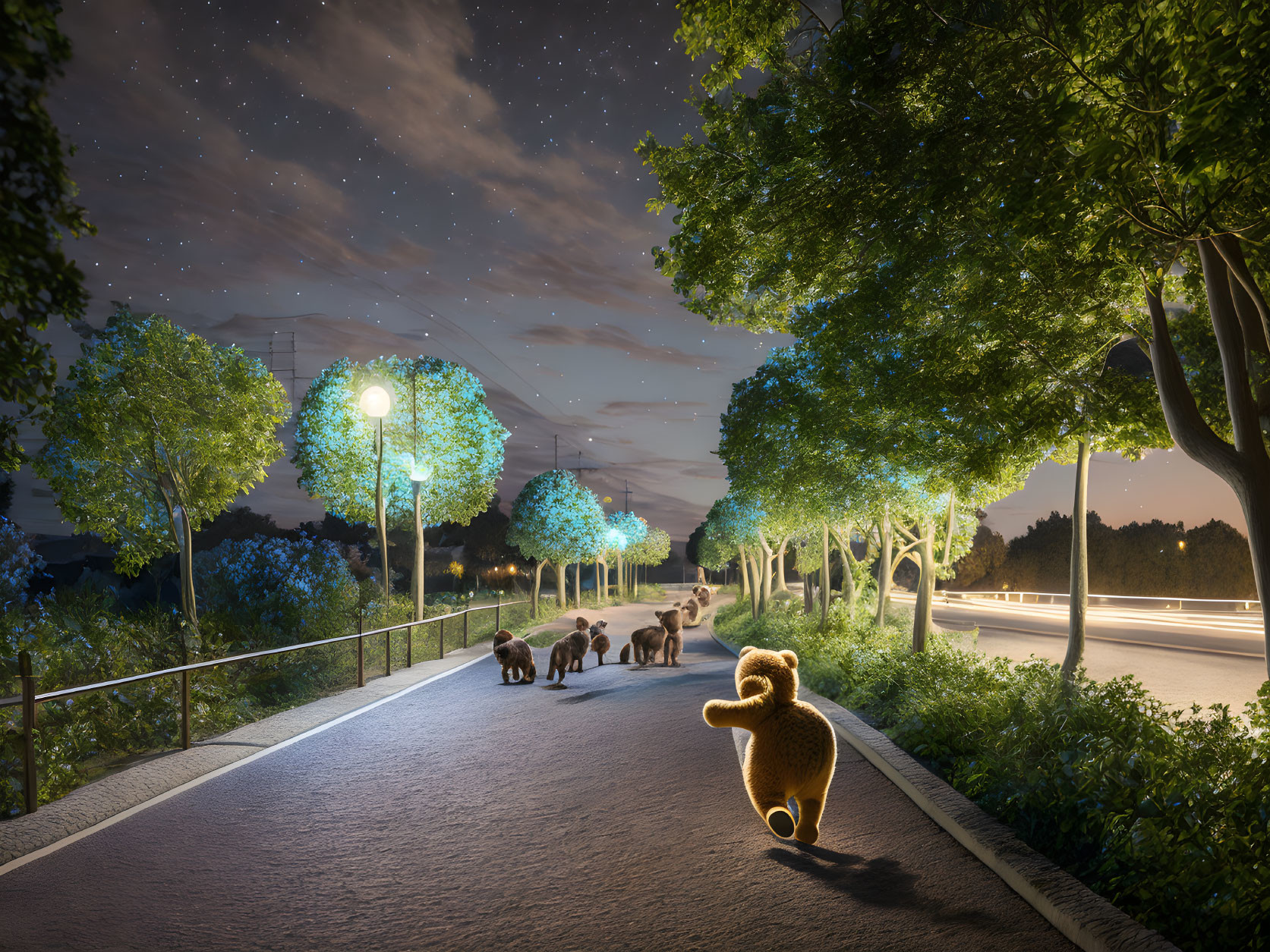 Nighttime path with glowing animal-shaped topiaries under starry sky