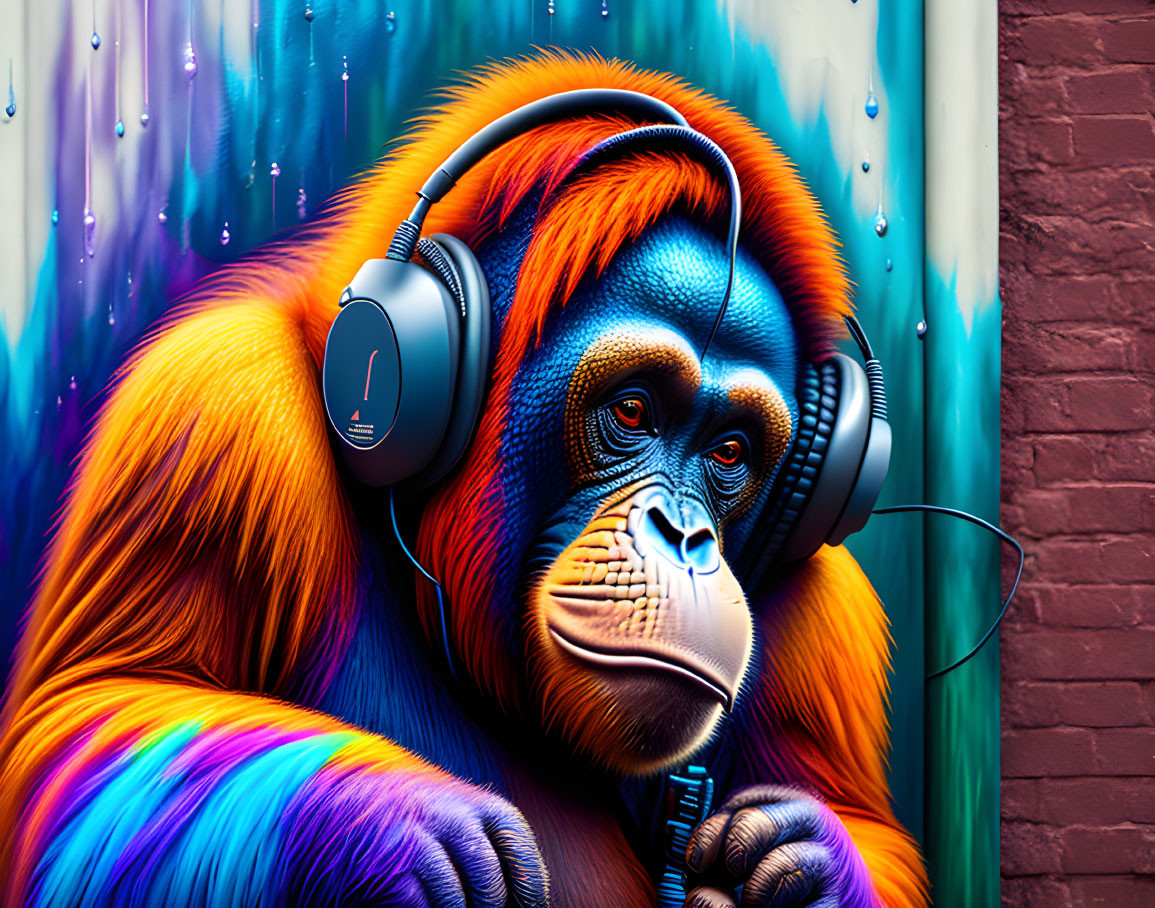 Colorful street art mural featuring an orangutan with headphones and microphone