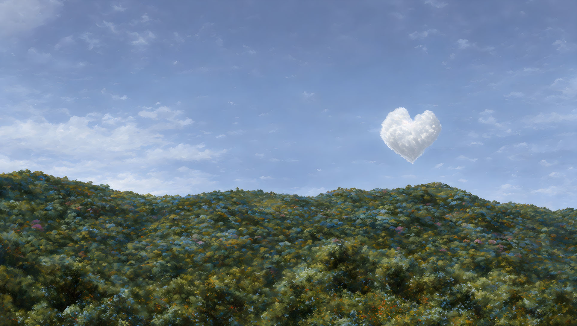 Lush green forest under partly cloudy sky with heart-shaped cloud