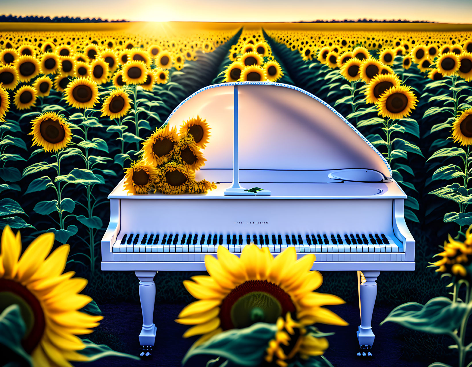 White Grand Piano Surrounded by Sunflowers in Sunset Field