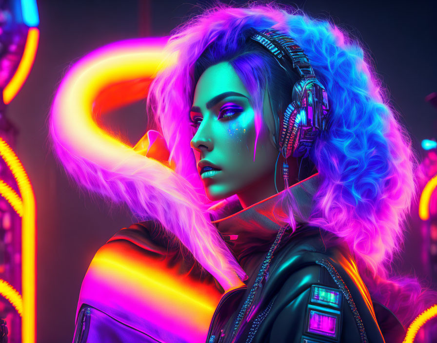 Woman with neon makeup and blue hair in futuristic setting with headphones