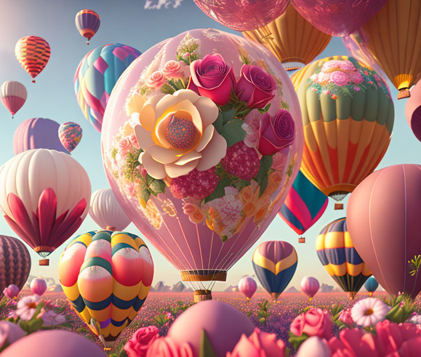 Colorful Hot Air Balloons Float in Pink Sky