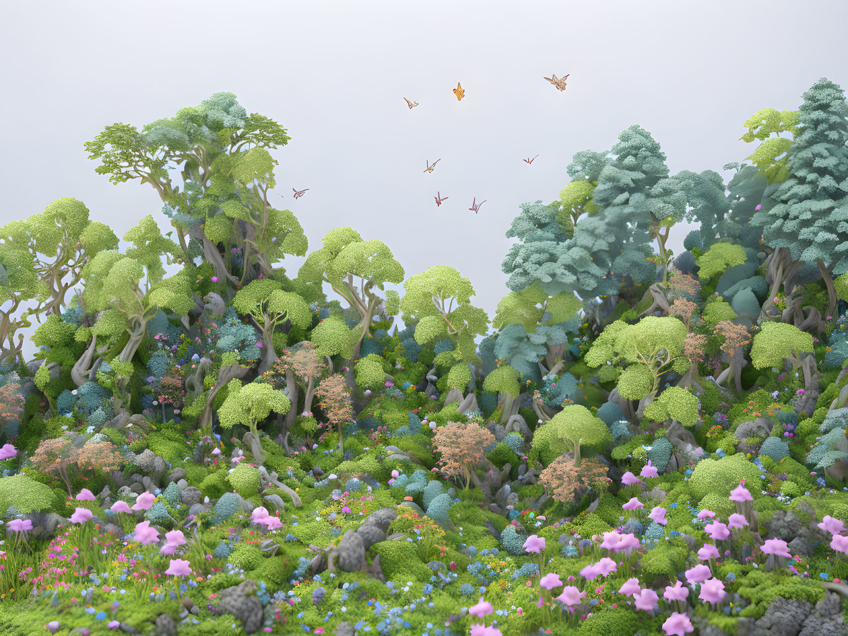 Colorful stylized forest with lush undergrowth and butterflies under misty sky