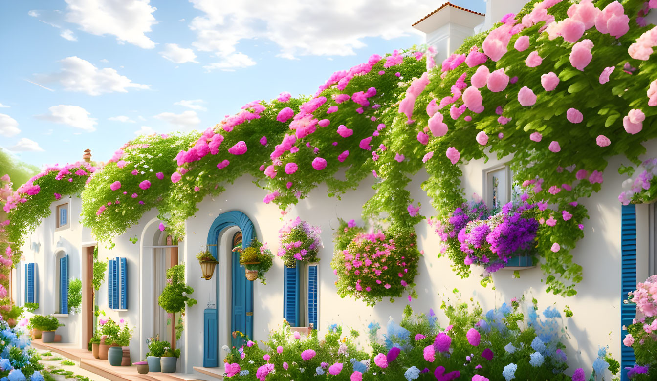 White Houses with Pink and Purple Flowers Under Blue Sky