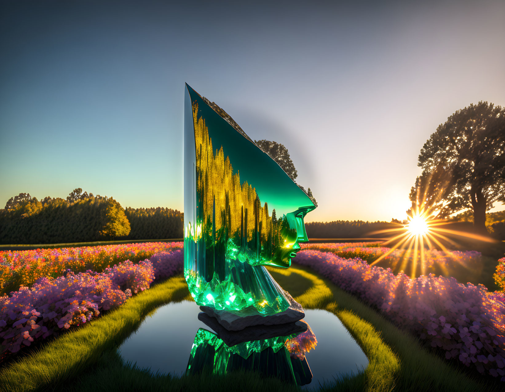 Reflective triangular art installation at sunset with forest theme and water reflections