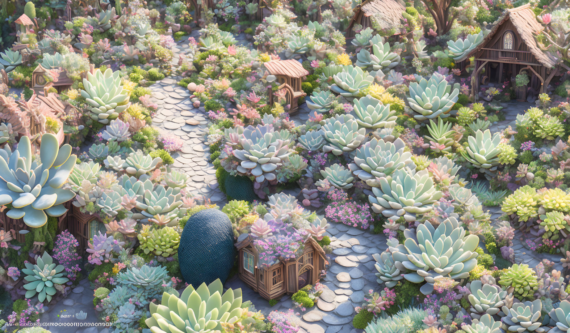 Colorful Succulent Plants and Cobblestone Paths in Whimsical Village