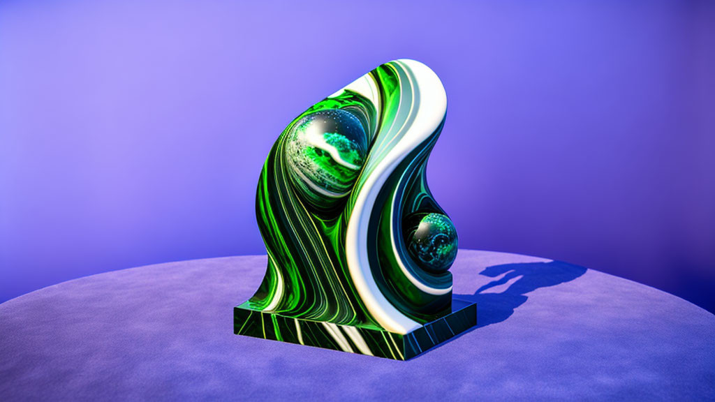 Green and White Striped Abstract Sculpture with Spherical Indentations on Purple Background