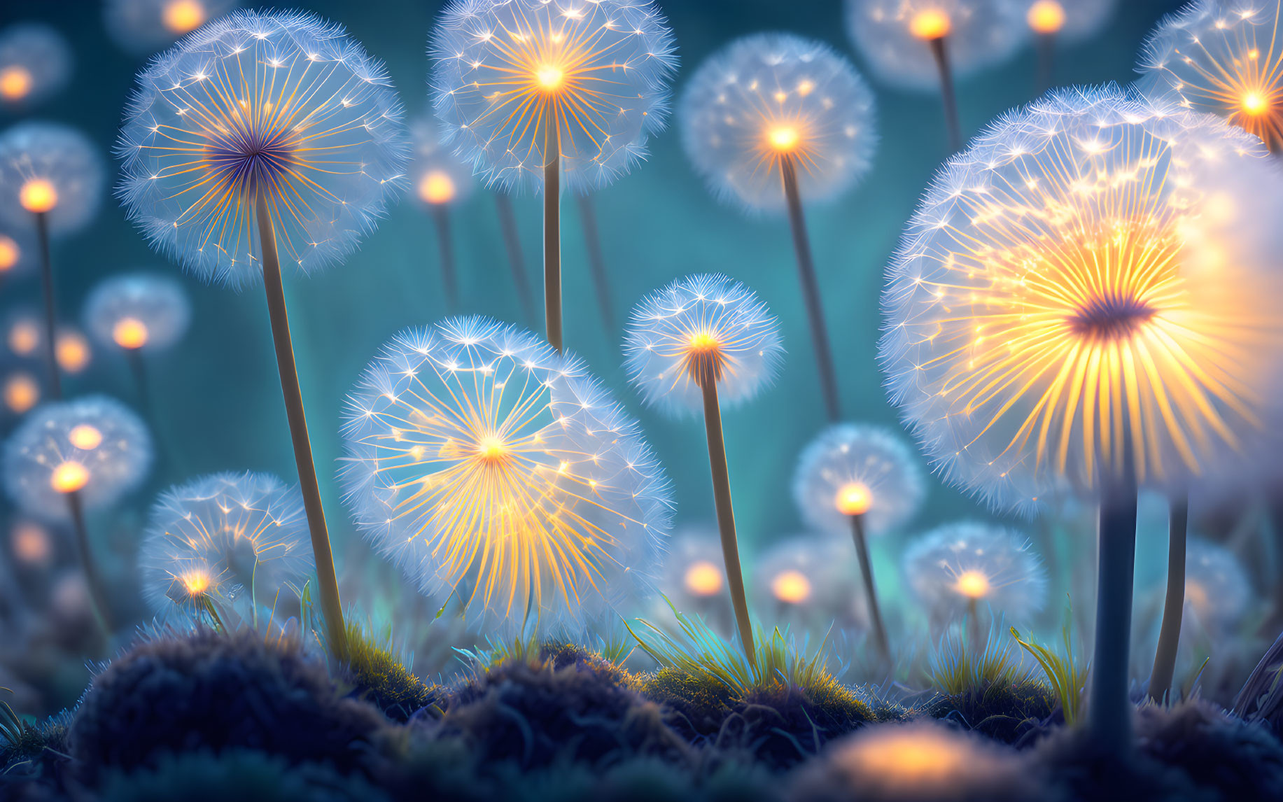 Glowing dandelion seed heads on mystical blue background with soft focus flowers