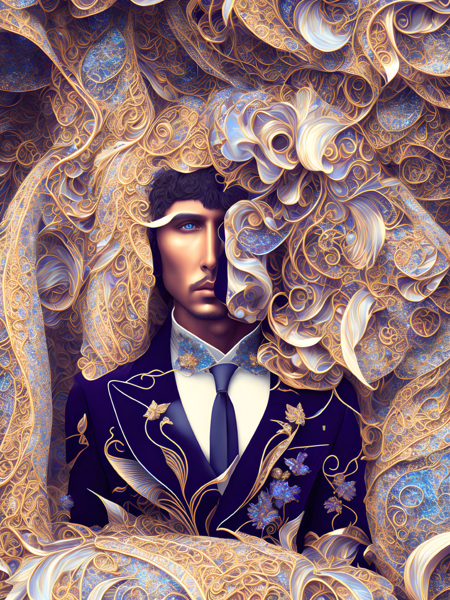 Surreal illustration of man with porcelain skin in blue suit surrounded by golden filigree