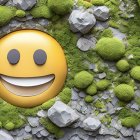 Emoji surrounded by moss balls, geometric shapes, and flowers on grey background