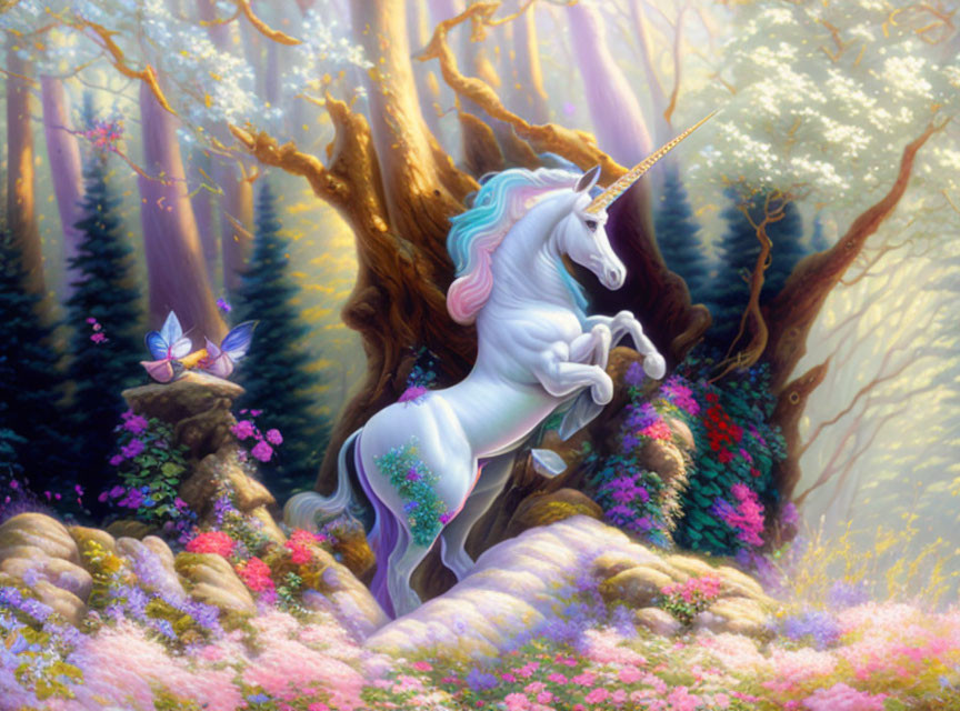 Majestic unicorn in vibrant, mystical forest with colorful flowers and butterfly