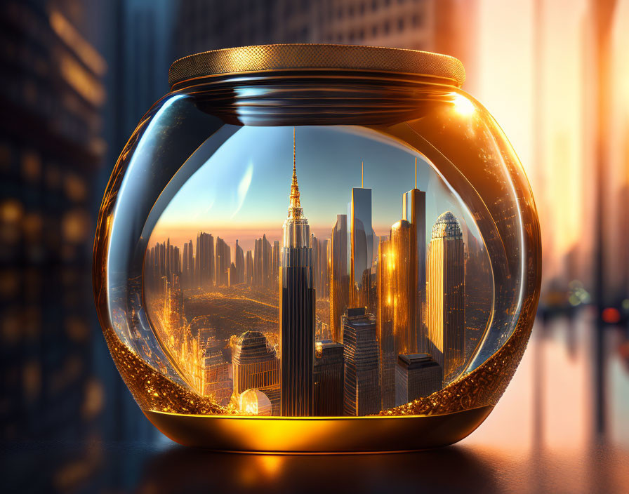 Surreal cityscape in glass jar on reflective surface